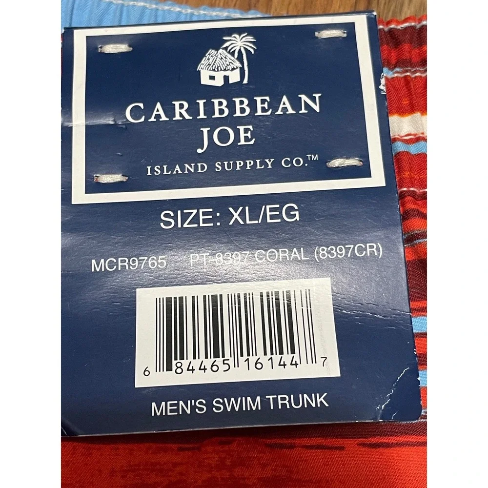 Caribbean Joe Swim Trunks Coral Striped XL MCR9765 Mesh Lined Elastic Waist‎